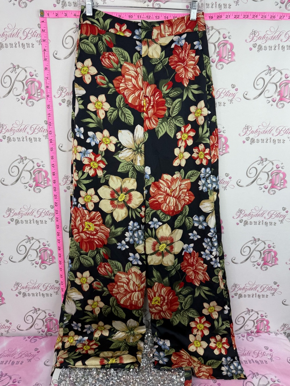 Zara pants Black Wide-Leg Pants with Red, Cream & Green Floral Print